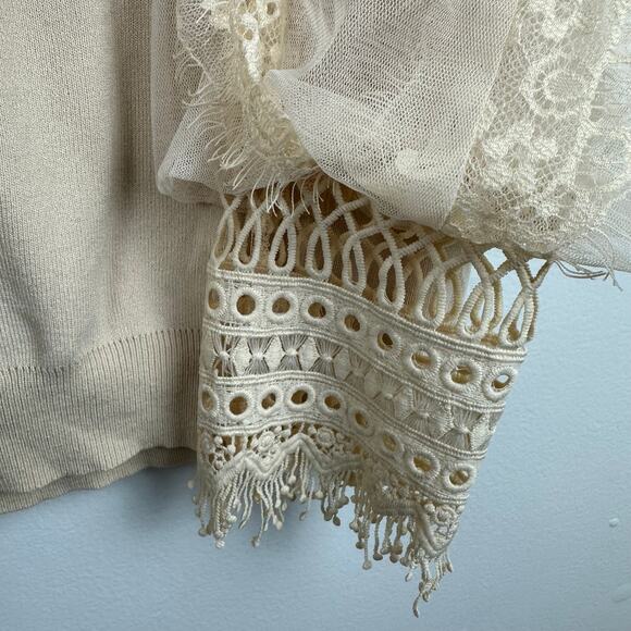 Fab'rik Womens Sheer Lace Balloon Sleeve Pullover Round Neck Beige Sweater Small - Picture 5 of 9